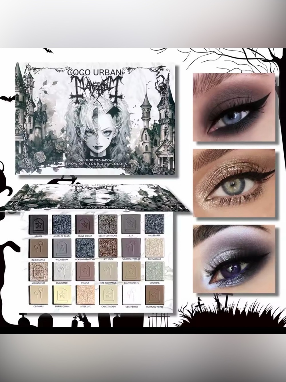 Gothic 24-Color Eyeshadow Palette - Silver, Black, Gray, Purple, Brown